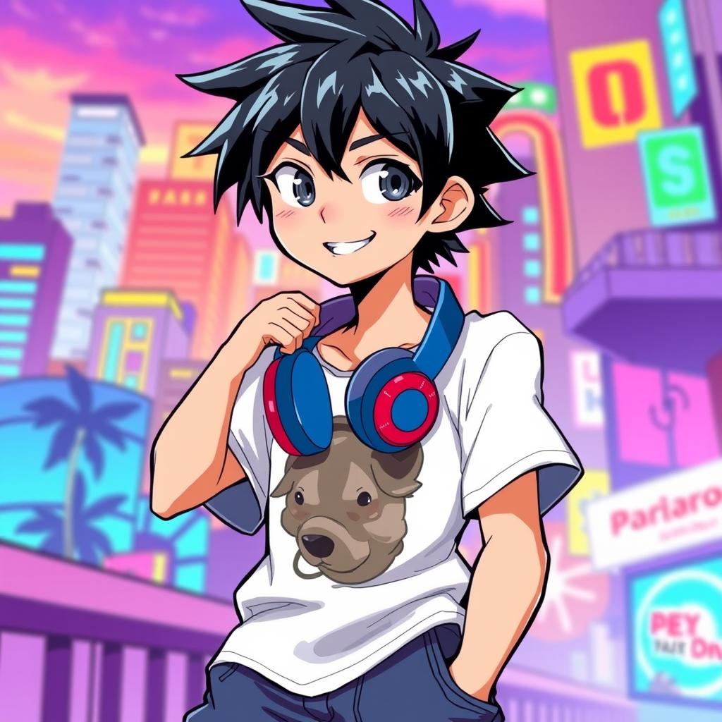 An anime-style illustration of a teenage boy with striking black hair, wearing stylish headphones around his neck