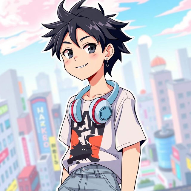 An anime-style illustration of a teenage boy with striking black hair, wearing stylish headphones around his neck