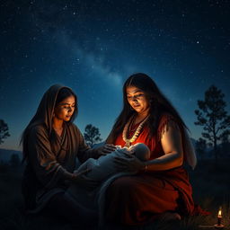 A powerful and serene scene depicting a Native woman giving birth at night under a starlit sky