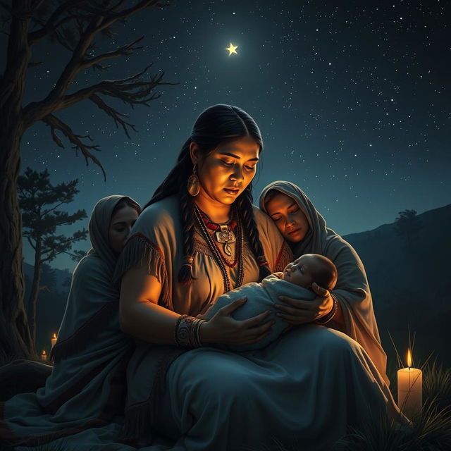 A powerful and serene scene depicting a Native woman giving birth at night under a starlit sky