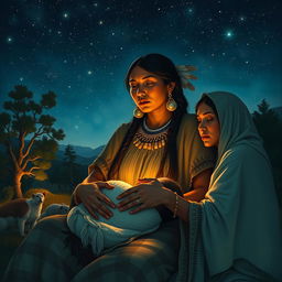 A powerful and serene scene depicting a Native woman giving birth at night under a starlit sky