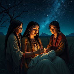 A powerful and serene scene depicting a Native woman giving birth at night under a starlit sky