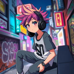A stylized anime boy wearing oversized black headphones, with a cool and relaxed expression