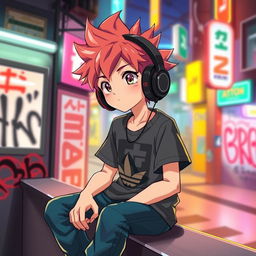 A stylized anime boy wearing oversized black headphones, with a cool and relaxed expression