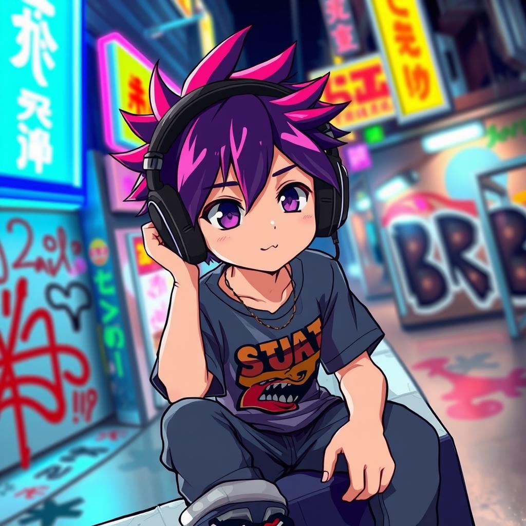 A stylized anime boy wearing oversized black headphones, with a cool and relaxed expression