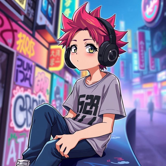 A stylized anime boy wearing oversized black headphones, with a cool and relaxed expression