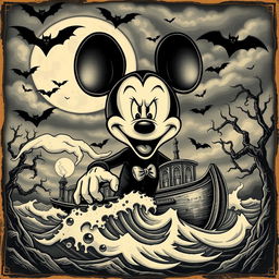 A vintage cover art inspired by the classic Mickey Mouse in Steamboat Willie, but with a macabre twist