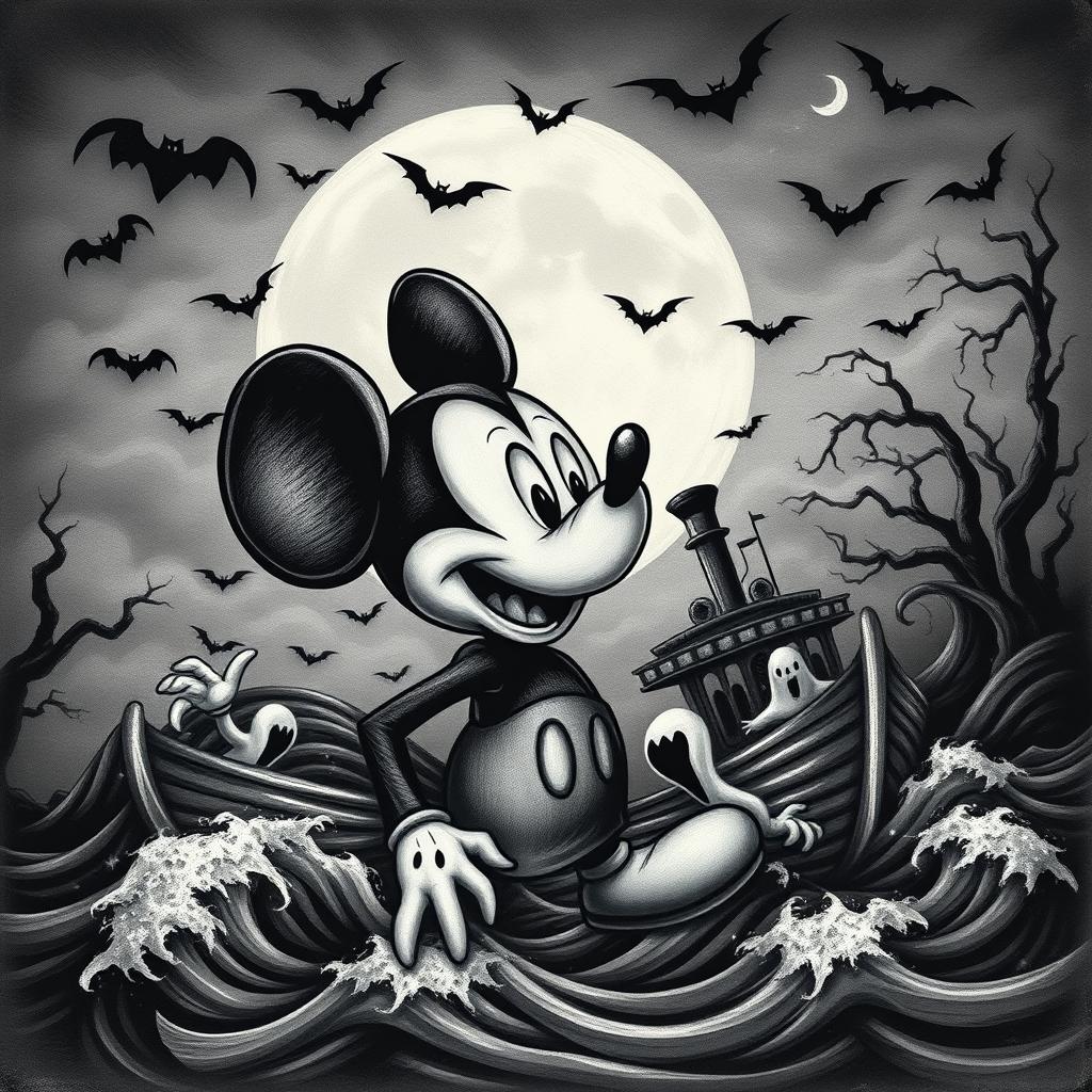 A vintage cover art inspired by the classic Mickey Mouse in Steamboat Willie, but with a macabre twist