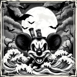 A vintage cover art inspired by the classic Mickey Mouse in Steamboat Willie, but with a macabre twist