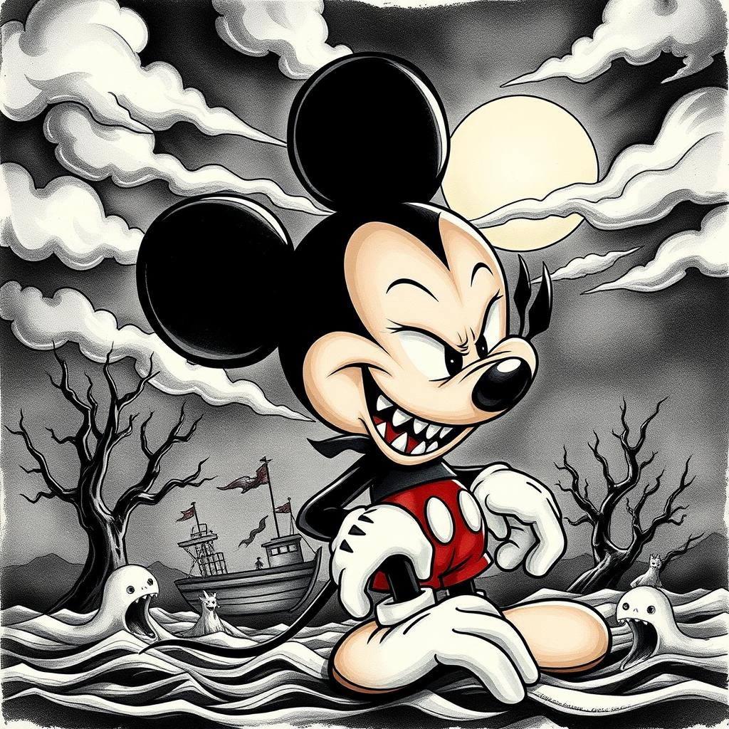 Uma capa inspirada na versão clássica do Mickey Mouse em Steamboat Willie, com um toque macabro