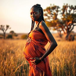 An 8 month pregnant African woman, standing gracefully in a field of tall grass, wearing a flowing, colorful dress that accentuates her round belly