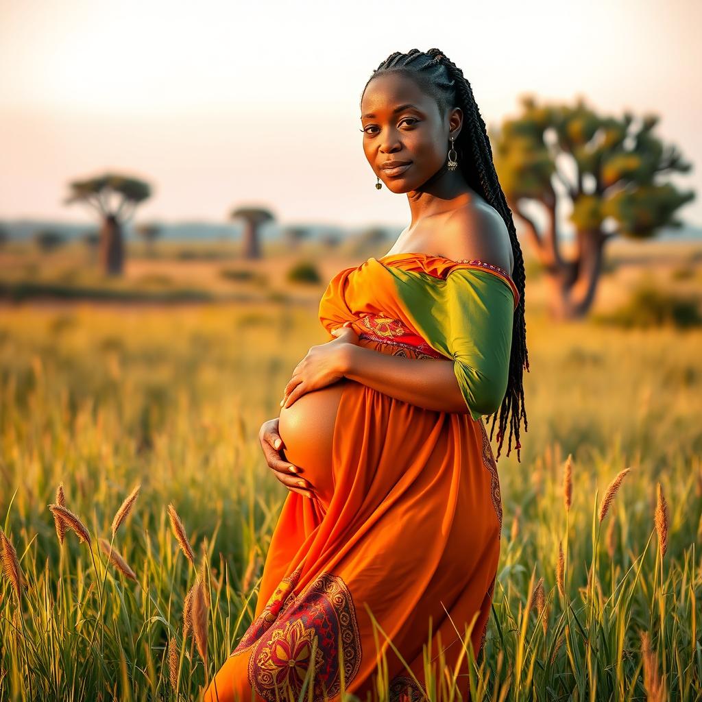 An 8 month pregnant African woman, standing gracefully in a field of tall grass, wearing a flowing, colorful dress that accentuates her round belly