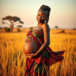 An 8 month pregnant African woman, standing gracefully in a field of tall grass, wearing a flowing, colorful dress that accentuates her round belly