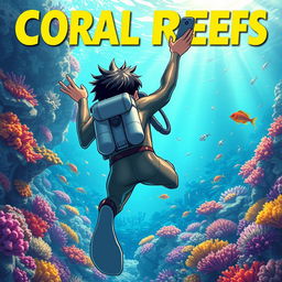 Detailed anime-style cover art for an educational science magazine issue titled 'Coral Reefs' featuring a teenage male character in a tight glossy wetsuit and scuba gear swimming down towards a vibrant coral reef