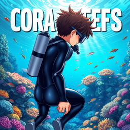 Detailed anime-style cover art for an educational science magazine issue titled 'Coral Reefs' featuring a teenage male character in a tight glossy wetsuit and scuba gear swimming down towards a vibrant coral reef