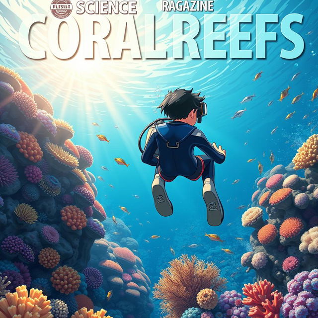 Detailed anime-style cover art for an educational science magazine issue titled 'Coral Reefs' featuring a teenage male character in a tight glossy wetsuit and scuba gear swimming down towards a vibrant coral reef