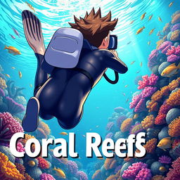 Detailed anime-style cover art for an educational science magazine issue titled 'Coral Reefs' featuring a teenage male character in a tight glossy wetsuit and scuba gear swimming down towards a vibrant coral reef