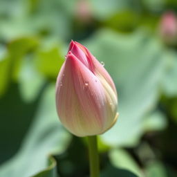A close-up image of a beautiful lotus bud, showcasing its delicate petals and vibrant colors