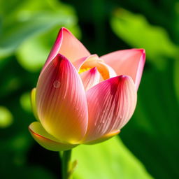 A close-up image of a beautiful lotus bud, showcasing its delicate petals and vibrant colors
