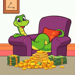 A cartoon-style illustration of a green snake sitting comfortably on a chair, exuding a sense of relaxation and enjoyment