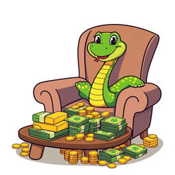 A cartoon-style illustration of a green snake sitting comfortably on a chair, exuding a sense of relaxation and enjoyment