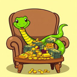 A cartoon-style illustration of a green snake sitting comfortably on a chair, exuding a sense of relaxation and enjoyment