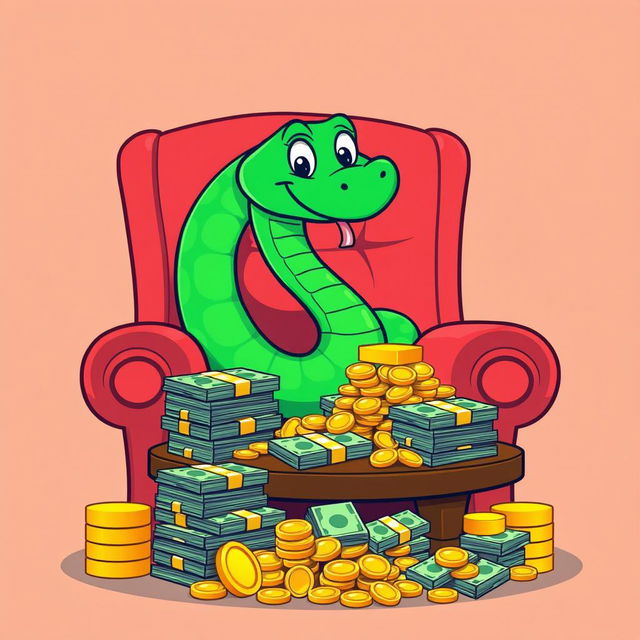 A cartoon-style illustration of a green snake sitting comfortably on a chair, exuding a sense of relaxation and enjoyment