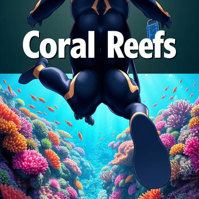 Detailed anime-style cover art for an educational science magazine issue titled 'Coral Reefs' featuring a teenage male character in a tight glossy wetsuit and scuba gear swimming down towards a vibrant coral reef