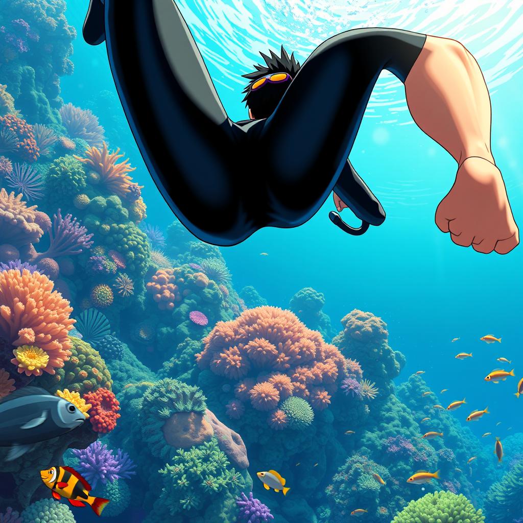 Detailed anime-style cover art for an educational science magazine issue titled 'Coral Reefs' featuring a teenage male character in a tight glossy wetsuit and scuba gear swimming down towards a vibrant coral reef