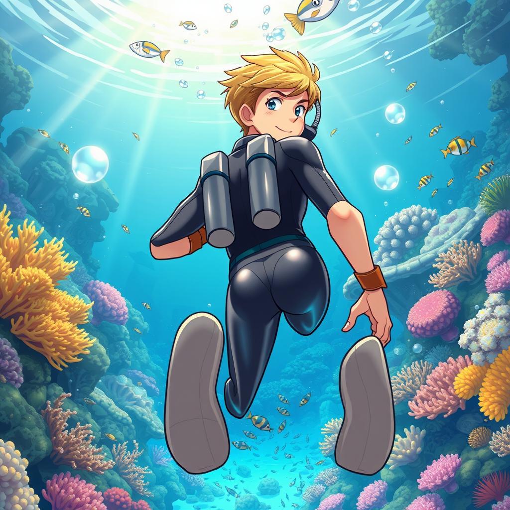 Detailed anime-style cover art for an educational science magazine issue titled 'Coral Reefs' featuring a friendly teenage male character in a tight glossy wetsuit and scuba gear