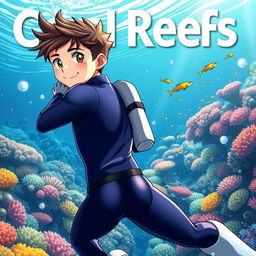 Detailed anime-style cover art for an educational science magazine issue titled 'Coral Reefs' featuring a friendly teenage male character in a tight glossy wetsuit and scuba gear
