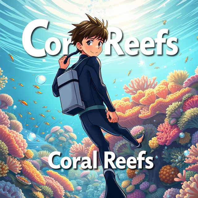 Detailed anime-style cover art for an educational science magazine issue titled 'Coral Reefs' featuring a friendly teenage male character in a tight glossy wetsuit and scuba gear