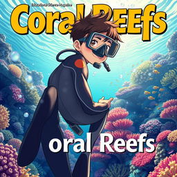 Detailed anime-style cover art for an educational science magazine issue titled 'Coral Reefs' featuring a friendly teenage male character in a tight glossy wetsuit and scuba gear