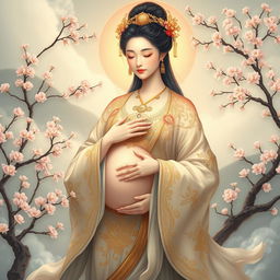 A stunning depiction of a beautiful Chinese goddess with an ethereal presence, gracefully holding her womb, radiating serenity and maternal grace