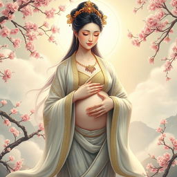 A stunning depiction of a beautiful Chinese goddess with an ethereal presence, gracefully holding her womb, radiating serenity and maternal grace