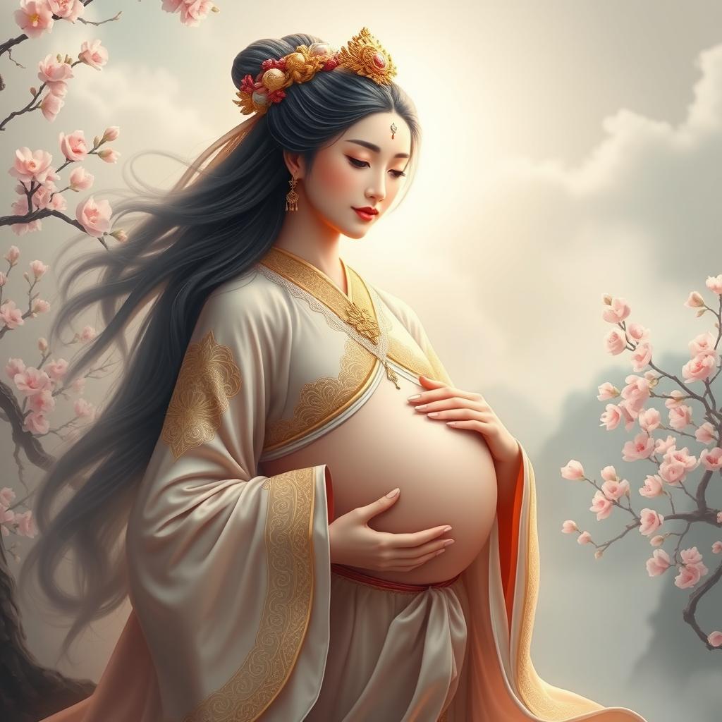 A stunning depiction of a beautiful Chinese goddess with an ethereal presence, gracefully holding her womb, radiating serenity and maternal grace