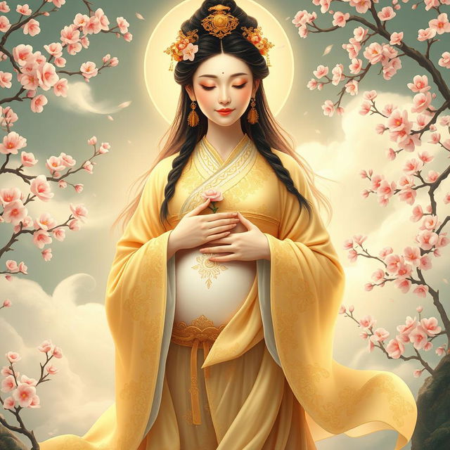 A stunning depiction of a beautiful Chinese goddess with an ethereal presence, gracefully holding her womb, radiating serenity and maternal grace