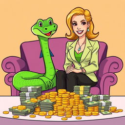 A cartoon-style illustration of a green snake sitting on a chair alongside a confident, attractive woman