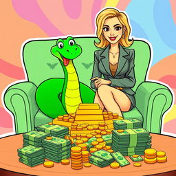 A cartoon-style illustration of a green snake sitting on a chair alongside a confident, attractive woman