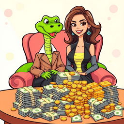 A cartoon-style illustration of a green snake sitting on a chair alongside a confident, attractive woman