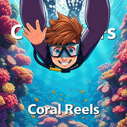 Detailed anime-style cover art for an educational science magazine issue titled 'Coral Reefs' featuring a friendly teenage male character in a tight glossy wetsuit and scuba gear