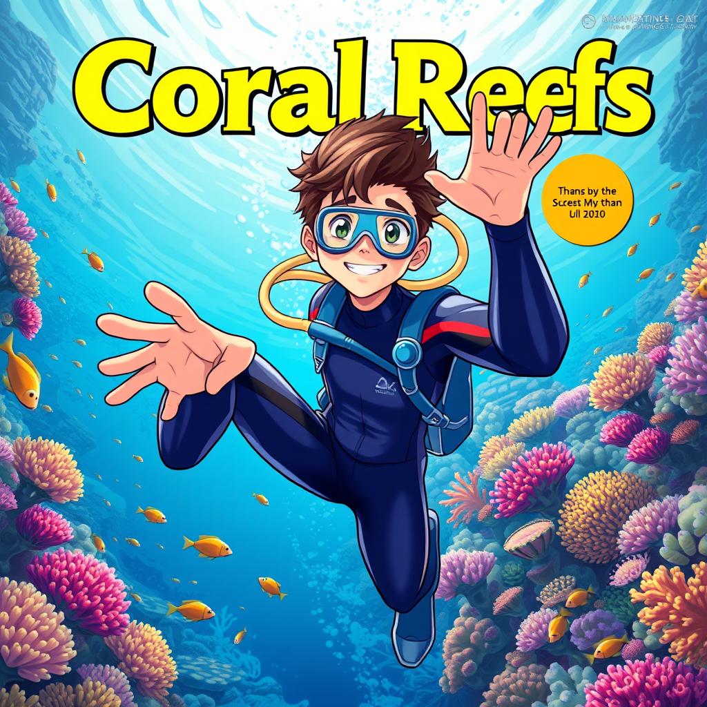 Detailed anime-style cover art for an educational science magazine issue titled 'Coral Reefs' featuring a friendly teenage male character in a tight glossy wetsuit and scuba gear