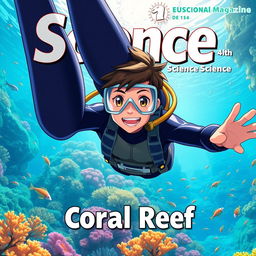 Detailed anime-style cover art for an educational science magazine issue titled 'Coral Reefs' featuring a friendly teenage male character in a tight glossy wetsuit and scuba gear