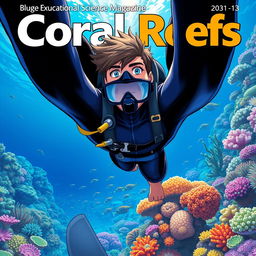 Detailed anime-style cover art for an educational science magazine issue titled 'Coral Reefs' featuring a teenage male character in a tight glossy wetsuit and scuba gear