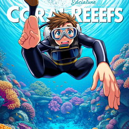 Detailed anime-style cover art for an educational science magazine issue titled 'Coral Reefs' featuring a teenage male character in a tight glossy wetsuit and scuba gear