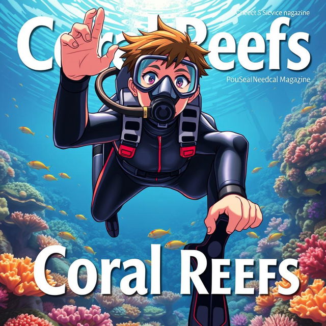 Detailed anime-style cover art for an educational science magazine issue titled 'Coral Reefs' featuring a teenage male character in a tight glossy wetsuit and scuba gear