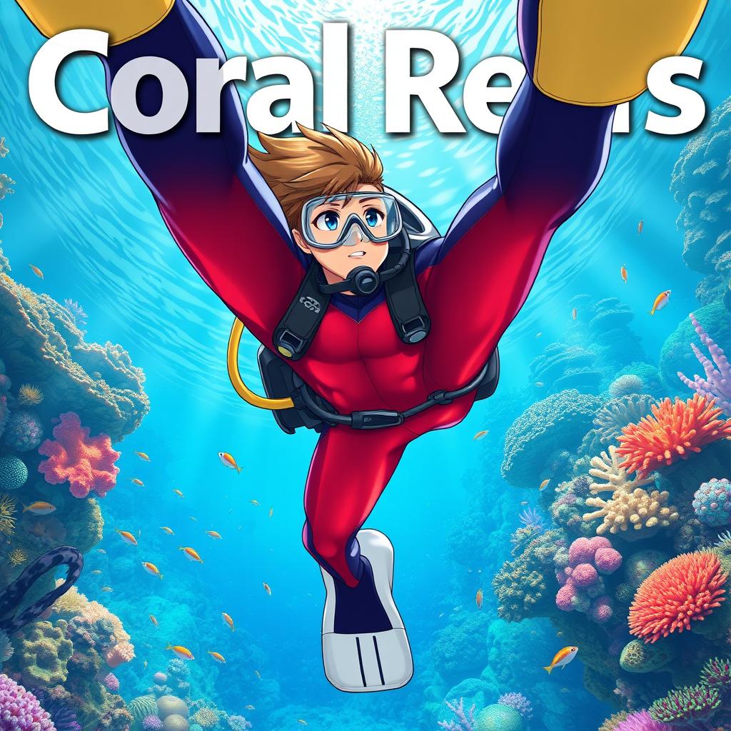 Detailed anime-style cover art for an educational science magazine issue titled 'Coral Reefs' featuring a teenage male character in a tight glossy wetsuit and scuba gear