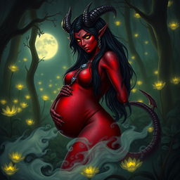 A pregnant female demon with vibrant red and dark purple skin, her curved figure exuding an aura of mystique and power