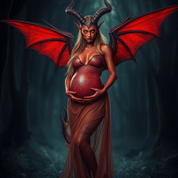 A striking image of a pregnant female demon standing gracefully, showcasing her large, elegantly shaped wings
