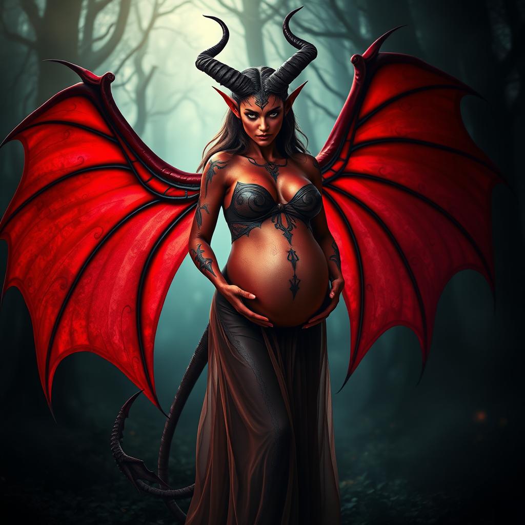 A striking image of a pregnant female demon standing gracefully, showcasing her large, elegantly shaped wings